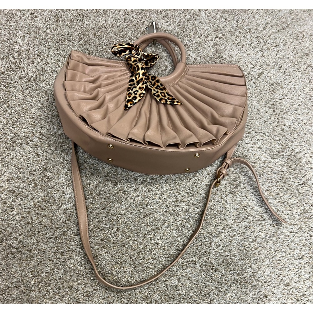 Taupe Pleated Fan Satchel Handbag with Leopard Scarf and Crossbody Strap